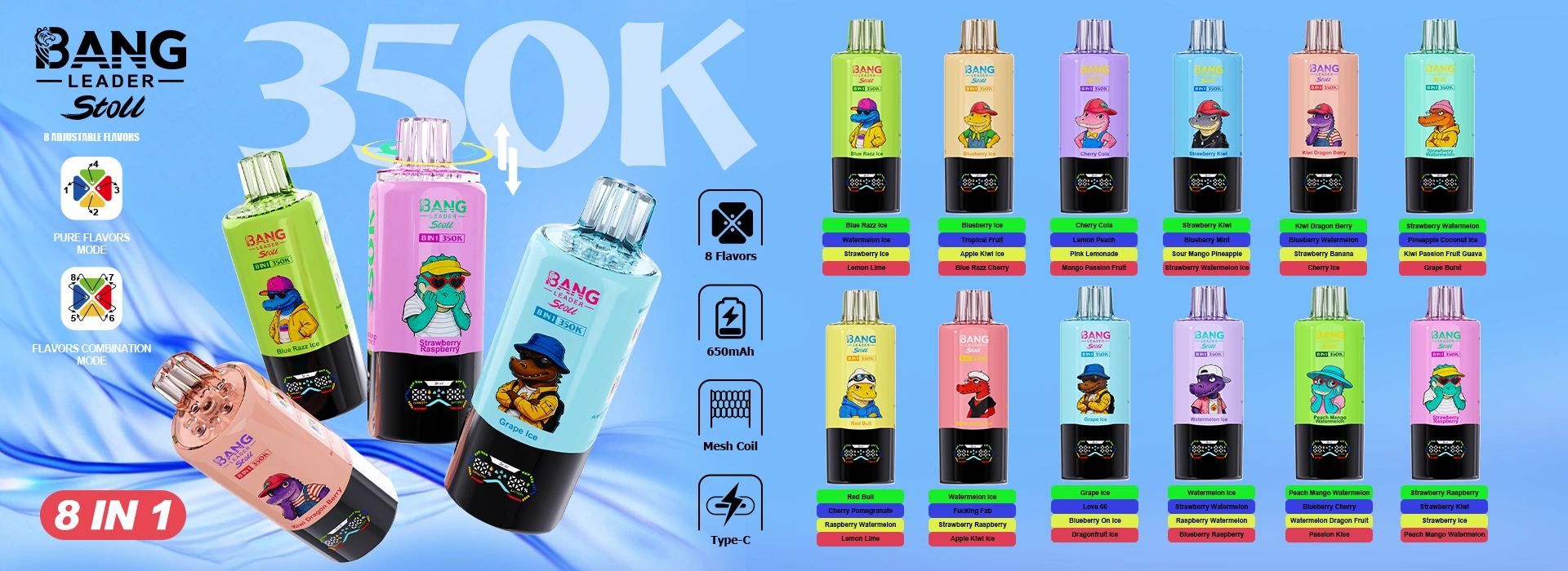 Bang Leader 350K Stol 8in1 jednorazové vape – produktový pohľad 02