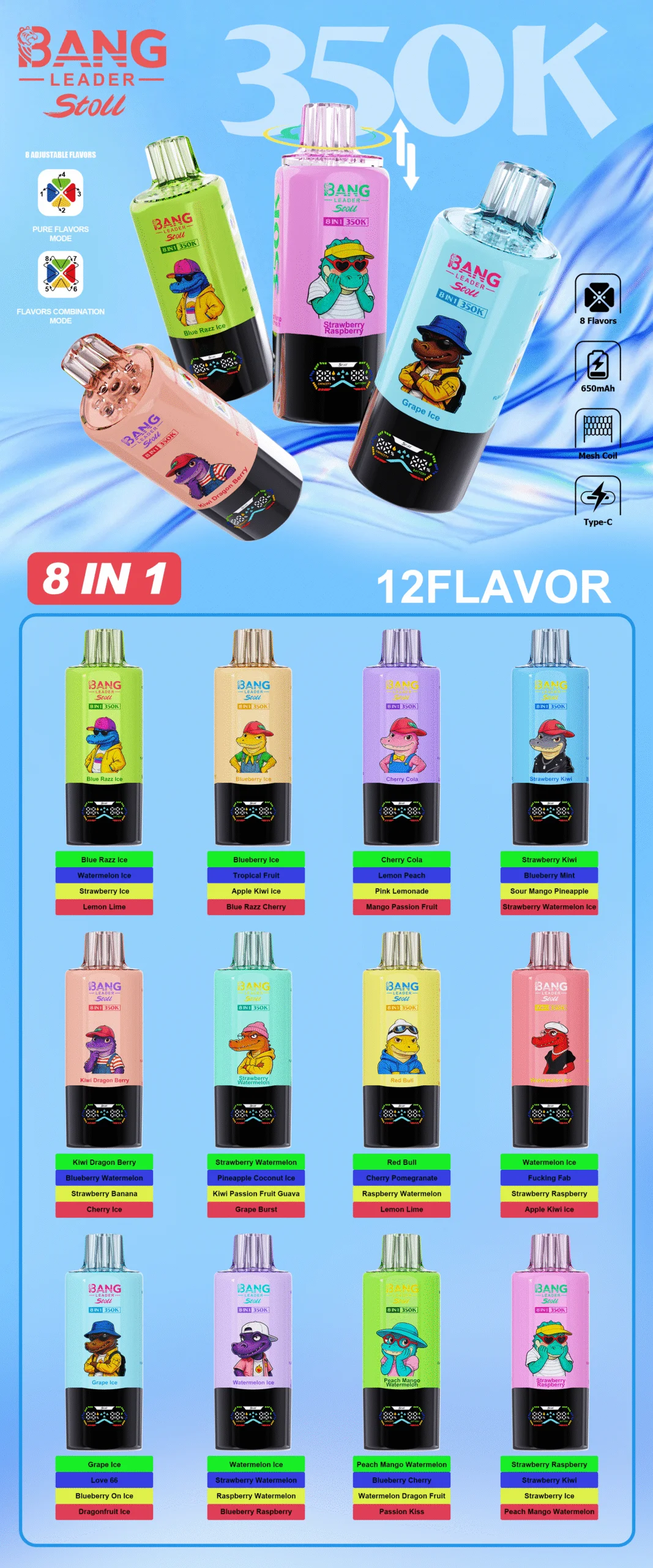 Bang Leader 350K Stol 8in1 jednorazové vape – produktový pohľad 03